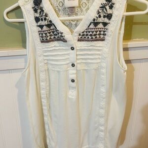 Knox Rose Cream Tank with Black and Brown Embroidered Yoke